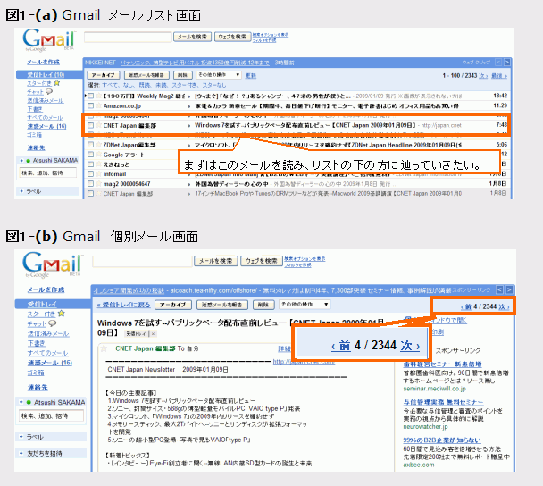 G-mailリスト画面、個別メール画面