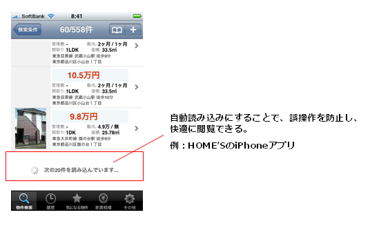 自動読み込みにすることで、誤操作を防止し、快適に閲覧できる。例：HOME’SのiPhoneアプリ