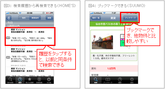 検索履歴から再検索できる（HOME’S） ブックマークできる（SUUMO）