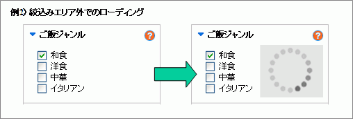 例2：絞り込みエリアとは別の箇所で目立つ形でローディングを表示する